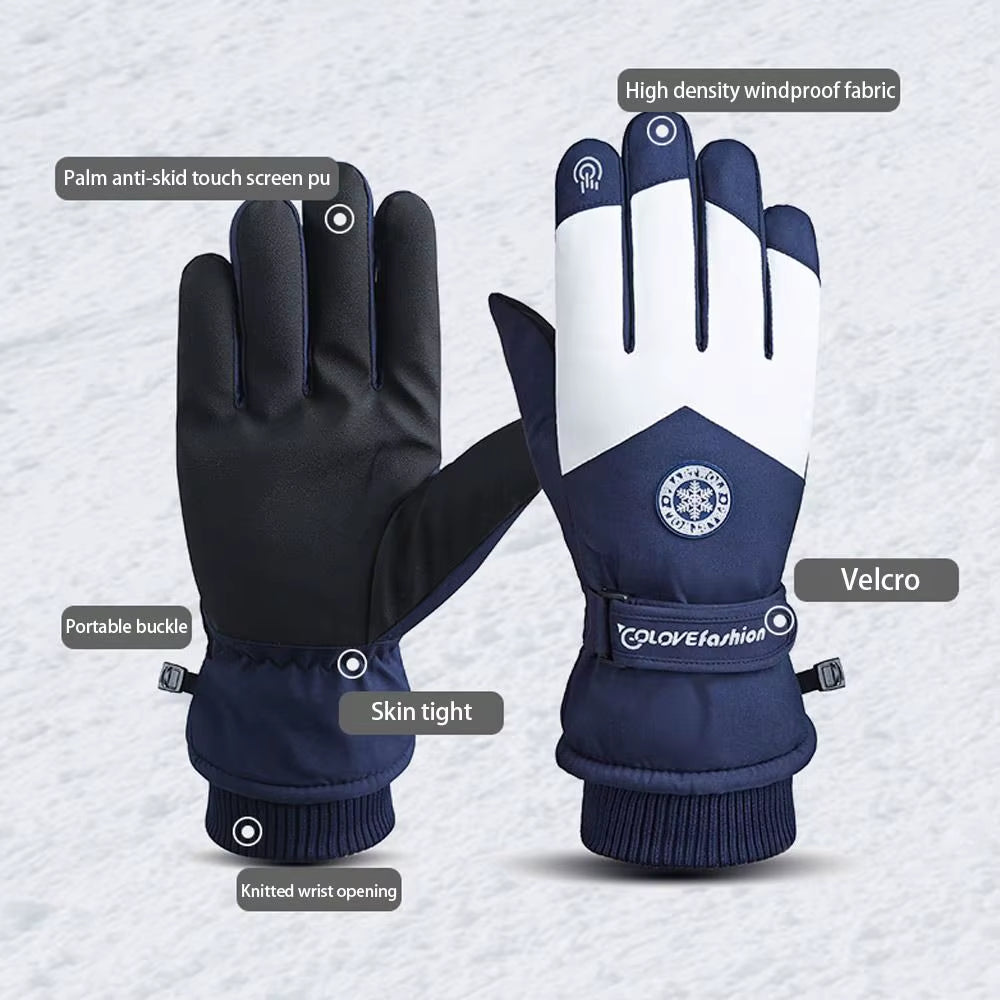 Winter Unisex Snowboard Ski Gloves PU Leather Non-Slip Touch Screen Waterproof Motorcycle Cycling Fleece Warm Snow Gloves