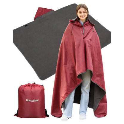 Hooded Stadium Blanket, Waterproof Windproof Outdoor Fleece Blanket - Large (79X56), Portable, Wearable, Warm for Outdoor Camping, Picnic, Stadium, Sports, Beach, Concerts, Car-Wine Red