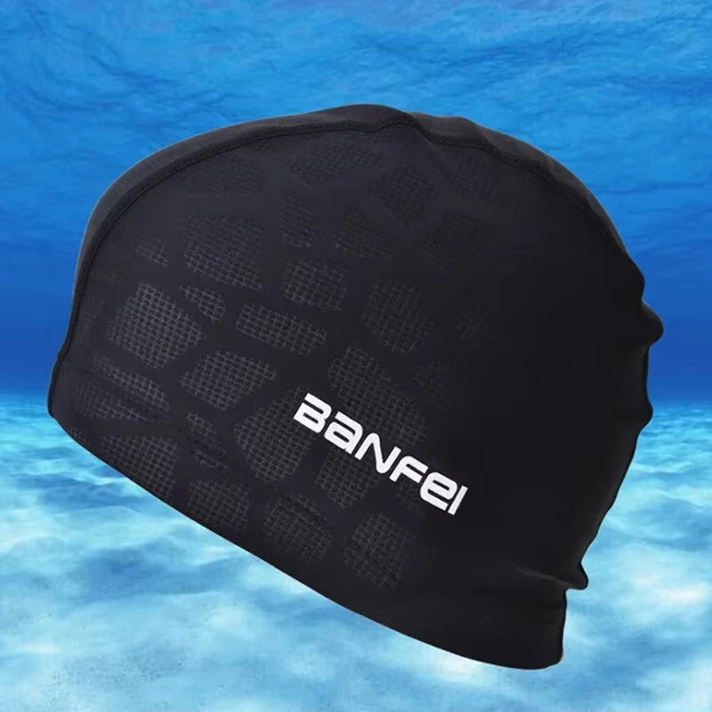 New 2024 Elastic Waterproof PU Fabric Protect Ears Long Hair Sports Swim Pool Hat Swimming Cap Free Size for Men & Women Adults