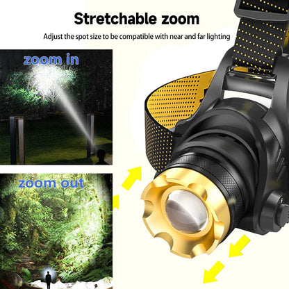 Rechargeable Headlamp 9900LM Super Bright 3 Modes Zoom Tactical LED Headlight for Adults