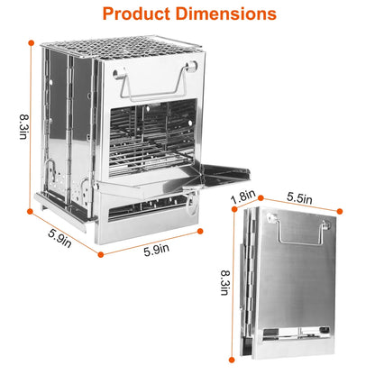 Wood Burning Camp Stove,  Folding Stainless Steel Grill, Portable Backpacking Stove for Hiking Camping Survival BBQ