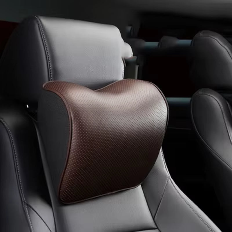 Genuine Leather Car Neck Pillow Set Memory Foam Auto Rear Seat Back Headrest Lumbar Supports Travel Cushion Cover Accessories