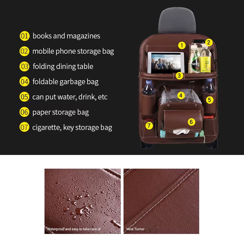 Pu Leather Car Seat Back Organizer Tray Travel Car Storage Organizer Pad Bag with Foldable Table Car Trash Can Auto Accessories