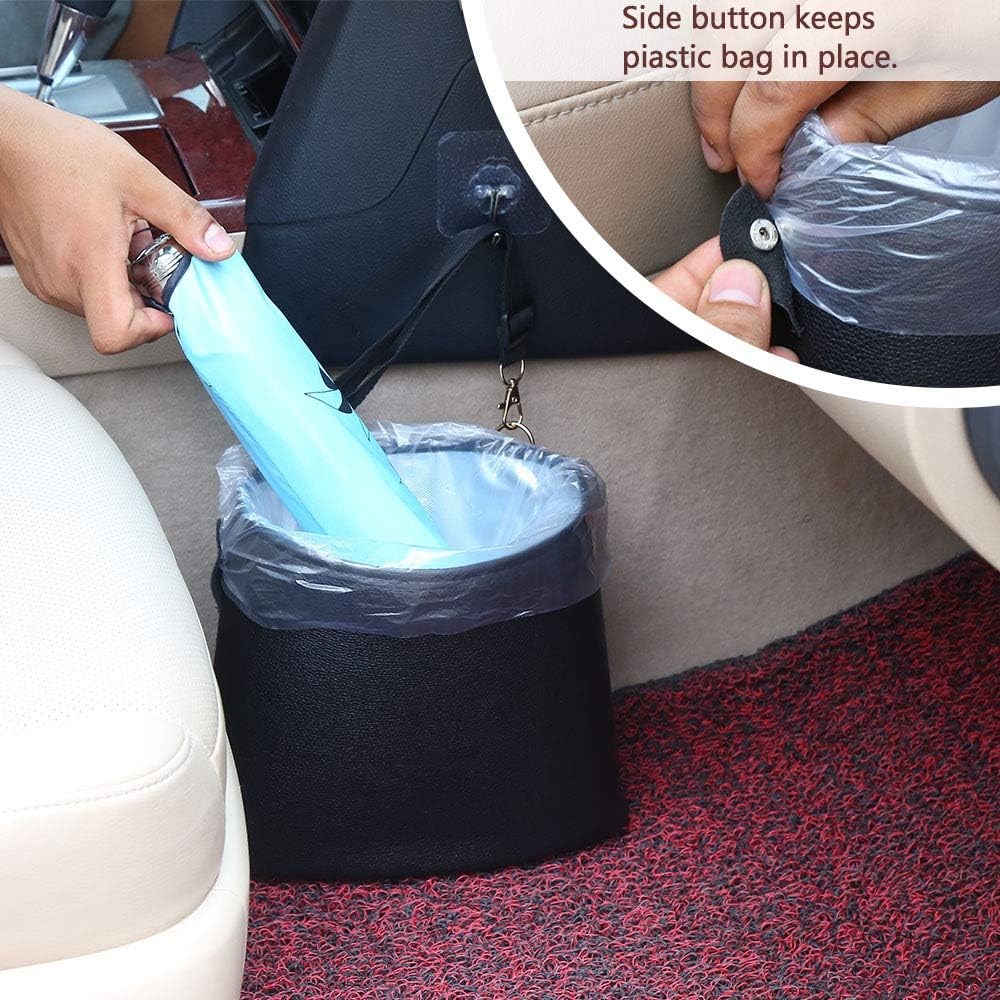 Hanging Car Trash Can Bin, Garbage Can PU Leather, Waterproof Litter Auto Trash Can for Travelling, Outdoor, and Vehicle (Black)