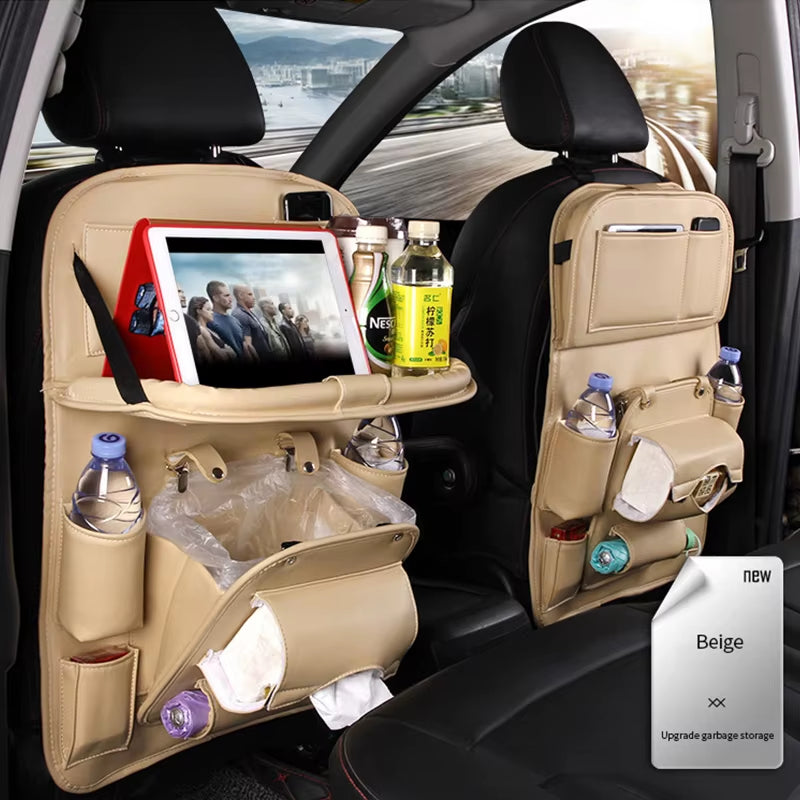 Pu Leather Car Seat Back Organizer Tray Travel Car Storage Organizer Pad Bag with Foldable Table Car Trash Can Auto Accessories