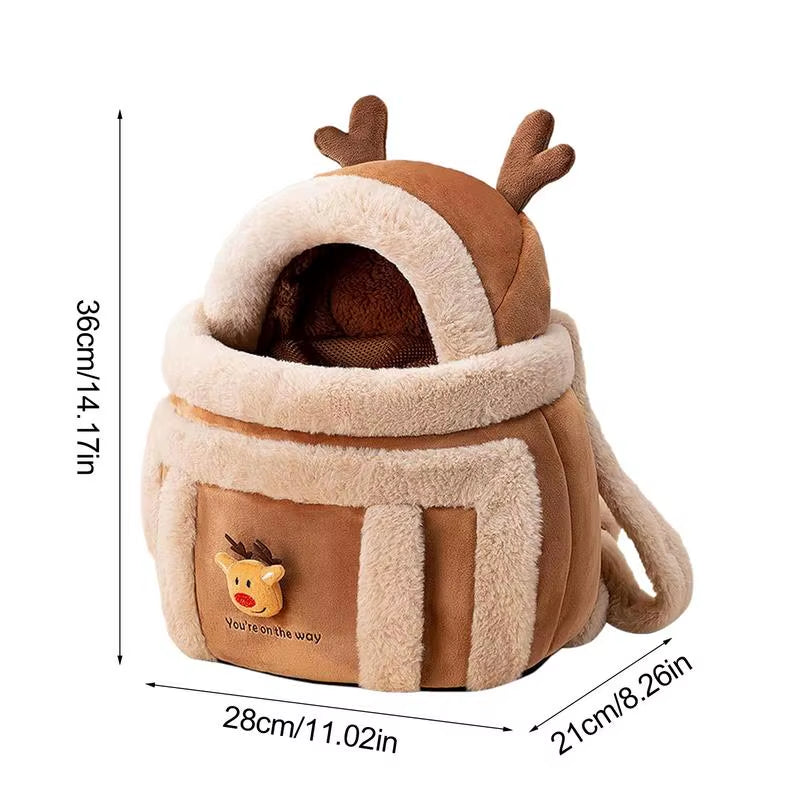 Pet Carrier Bag Winter Warm Soft Plush Elk Design Cats Dogs Backpack Carring Supplies Pets Cage Walking Outdoor Travel Accessory