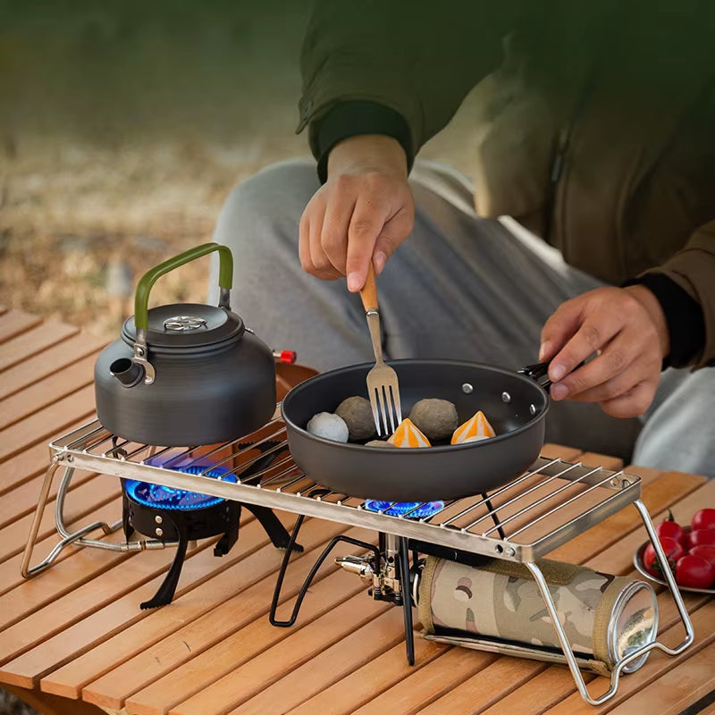 Ourdoor Camping Stainless Steel Camping Grill Portable Folding Mini Barbecue Rack Set Pot Holder Baking Tray Holder Camping Set