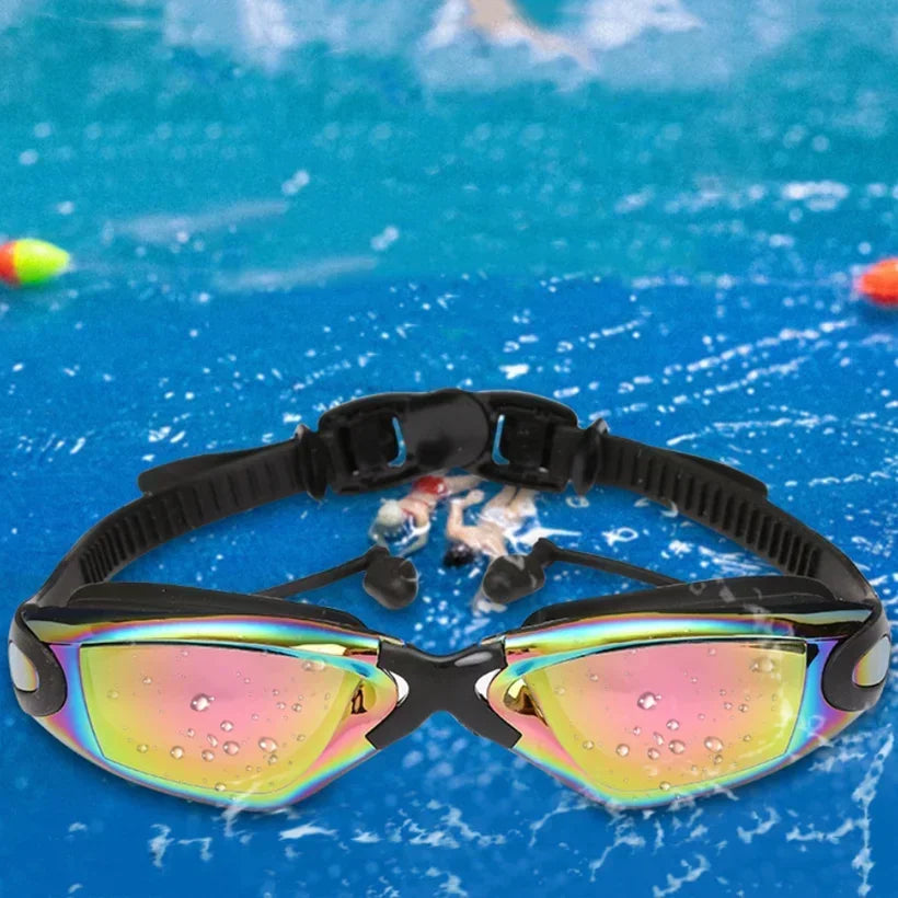 Professional Swimming Prescription Goggles Glasses with Earplugs Nose Clip Electroplate Waterproof Silicone Adluts