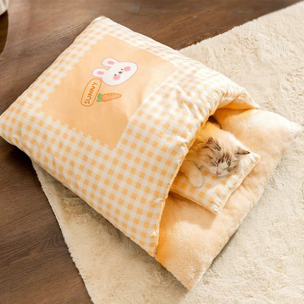 Warm Half Closed Cat Bed Winter Removable Pet Sleeping Bag Dog Bed House Cats Nest Cushion with Pillow Dog Cushion Cat Supplies