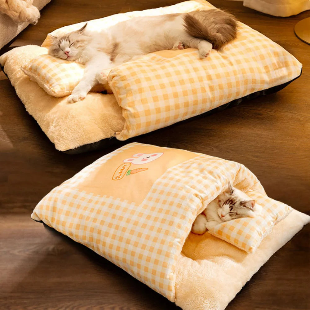 Warm Half Closed Cat Bed Winter Removable Pet Sleeping Bag Dog Bed House Cats Nest Cushion with Pillow Dog Cushion Cat Supplies