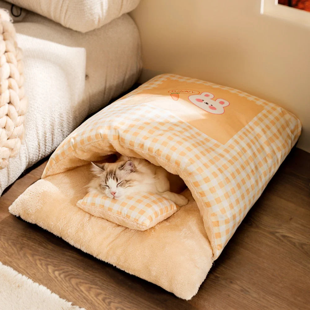 Warm Half Closed Cat Bed Winter Removable Pet Sleeping Bag Dog Bed House Cats Nest Cushion with Pillow Dog Cushion Cat Supplies