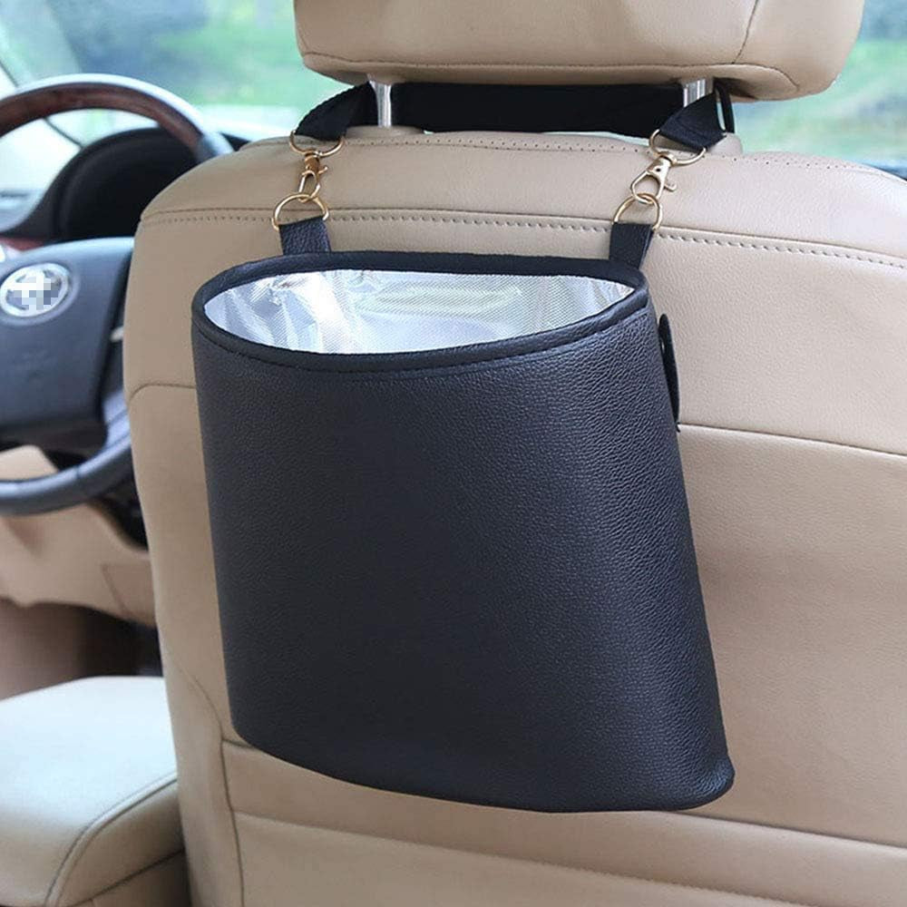 Hanging Car Trash Can Bin, Garbage Can PU Leather, Waterproof Litter Auto Trash Can for Travelling, Outdoor, and Vehicle (Black)