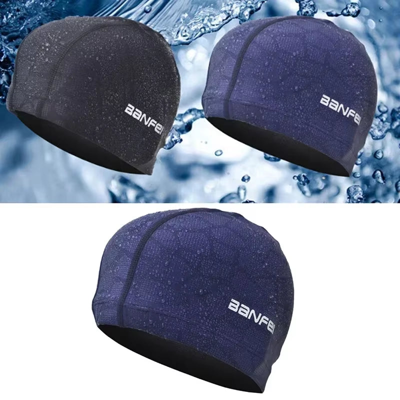 New 2024 Elastic Waterproof PU Fabric Protect Ears Long Hair Sports Swim Pool Hat Swimming Cap Free Size for Men & Women Adults