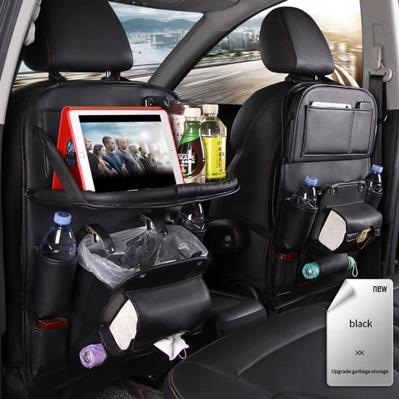 Pu Leather Car Seat Back Organizer Tray Travel Car Storage Organizer Pad Bag with Foldable Table Car Trash Can Auto Accessories