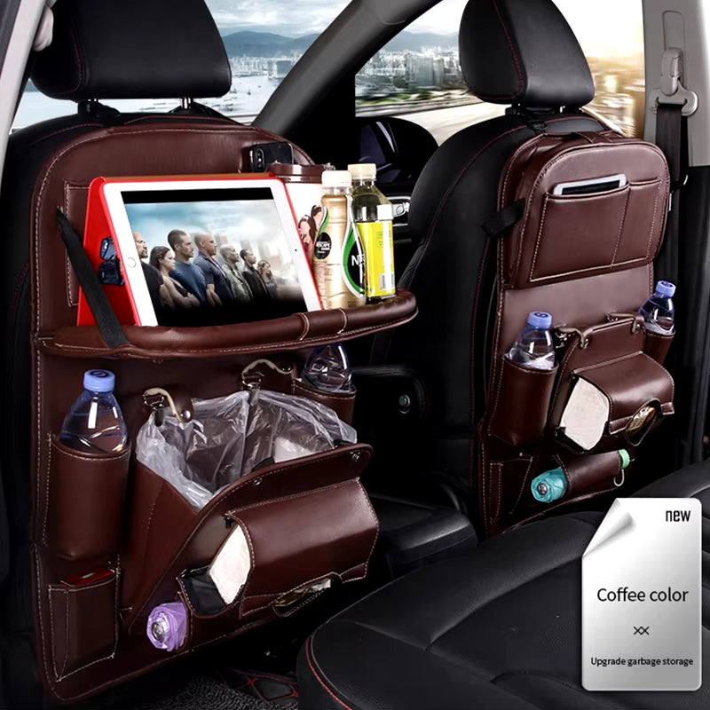 Pu Leather Car Seat Back Organizer Tray Travel Car Storage Organizer Pad Bag with Foldable Table Car Trash Can Auto Accessories